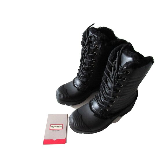 NIB HUNTER Original Shearling Lined Pac in Black Lace-up Rain Boots US 6 $235 - Picture 2 of 8